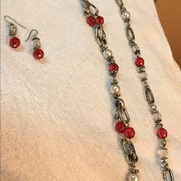 SilverTone and Red and White Crystals Necklace and Earrings - Picture 2 of 2